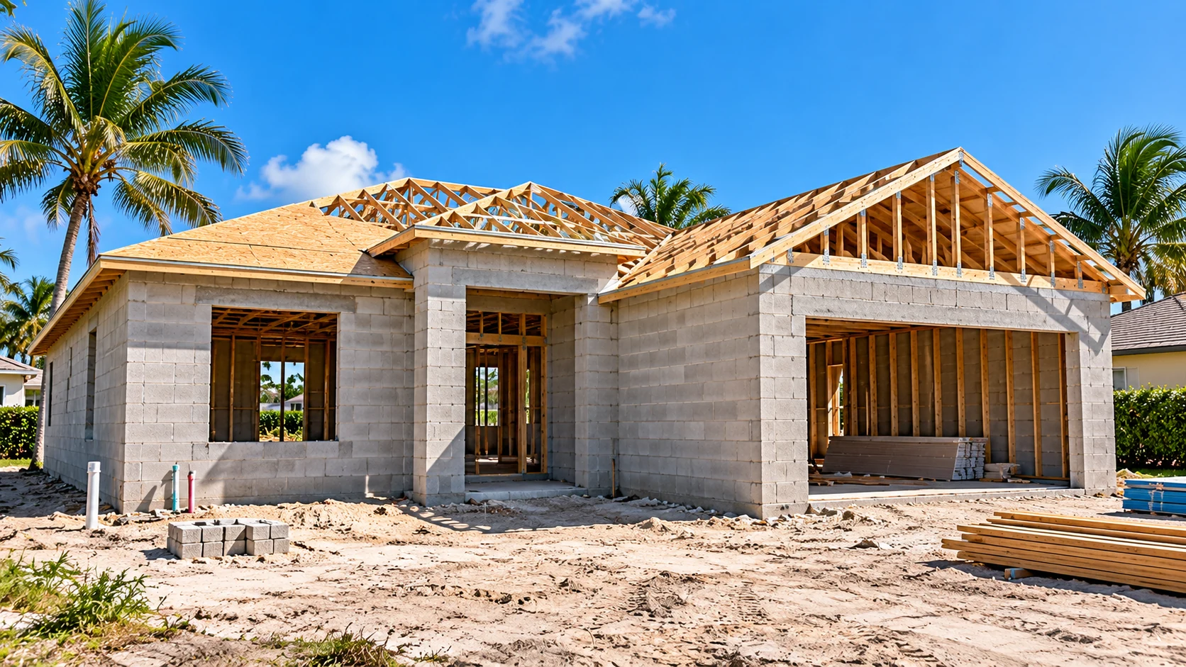 Illustrative Florida home under construction with concrete-block walls and roof trusses