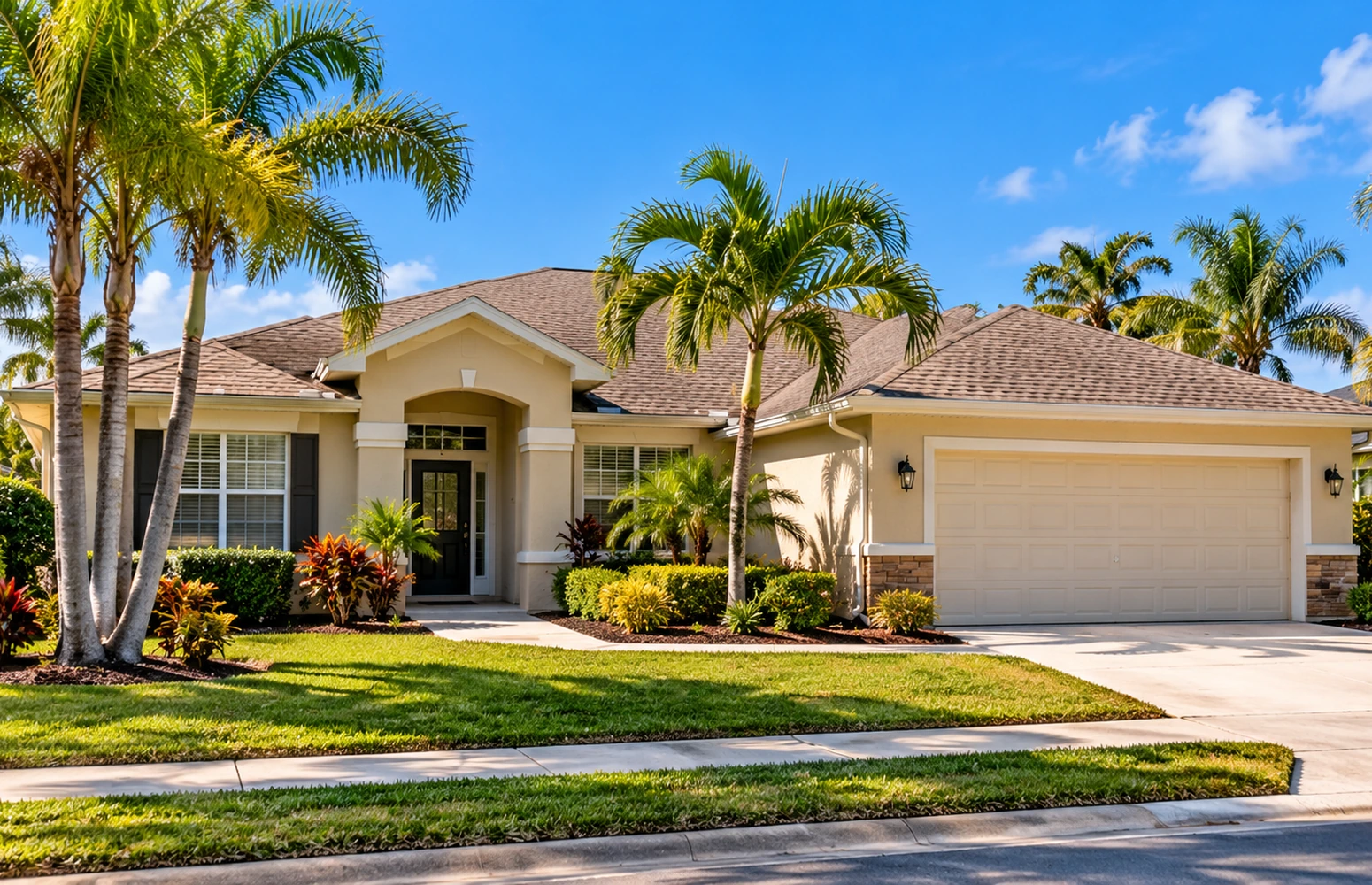 Illustrative single-story stucco home in a Florida neighborhood