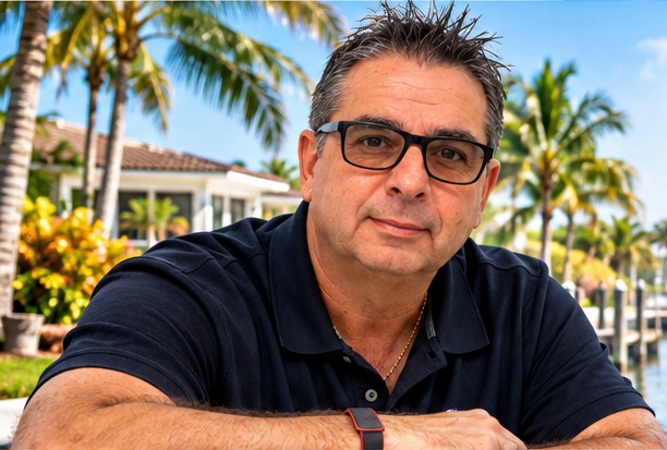 Jimmy Bitzas leaning forward with his arms folded by a Florida waterfront